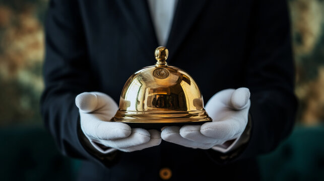A well-dressed butler in a dark suit and white gloves holding a brass bell, signifying the service industry and professional hospitality