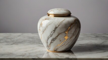 Elegant marble urn with a gold lid on a marble surface in a well-lit setting