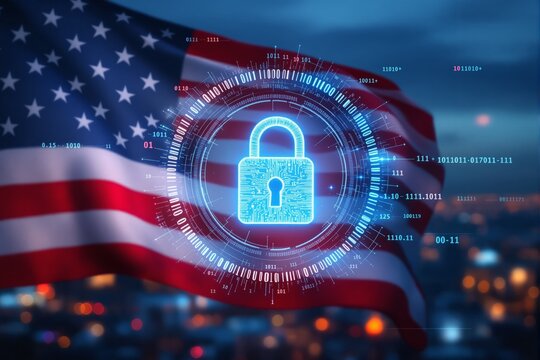 Cybersecurity concept with digital padlock and American flag.