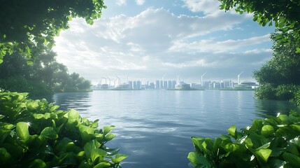 A serene view of a city skyline framed by lush greenery and calm waters under a bright sky.