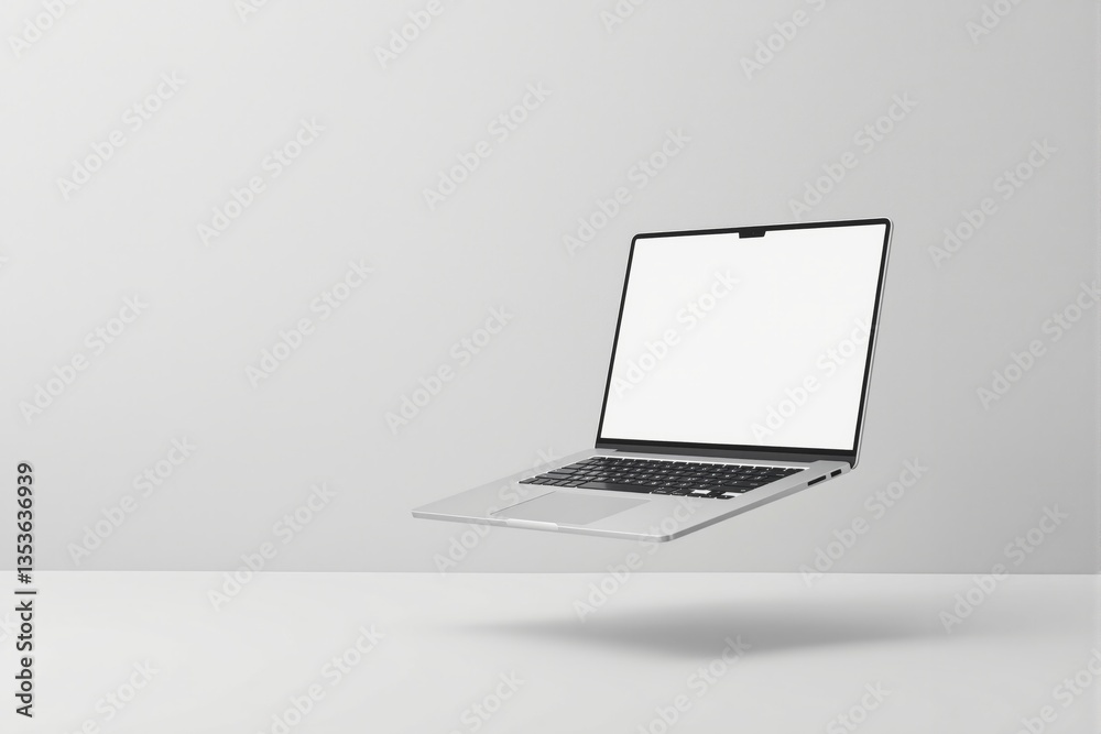 Poster floating laptop with blank screen on light background.