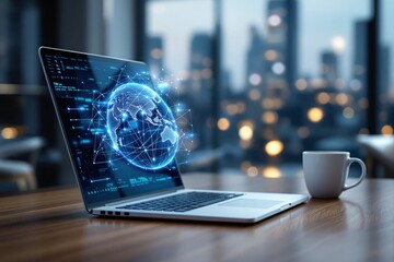 Futuristic digital globe hologram on laptop in modern office.