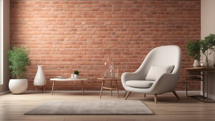 A modern interior with a brown brick wall