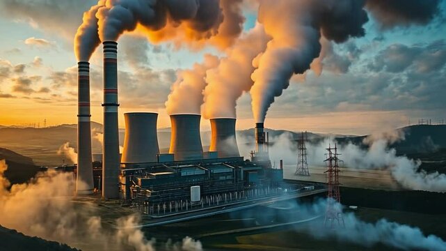 Industrial Emissions: A powerful image depicting a coal power plant belching out emissions into the atmosphere, with smoke plumes against a dramatic sky, highlighting the impact of industry.