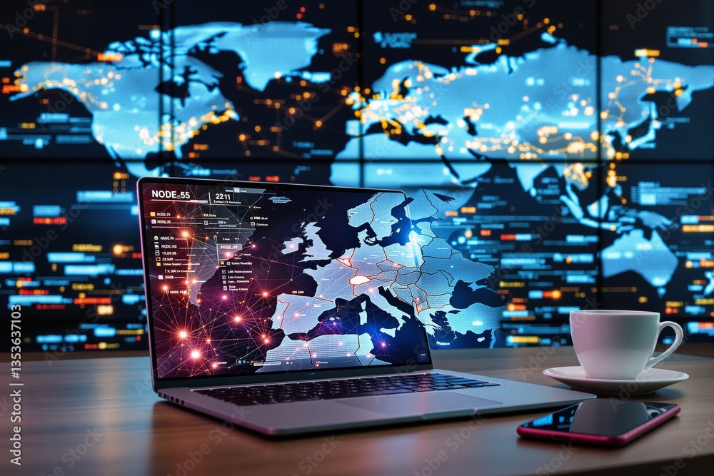 Poster Cybersecurity concept with laptop displaying digital world map and data connections on desk.