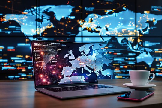 Cybersecurity concept with laptop displaying digital world map and data connections on desk.