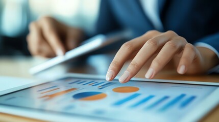 Business financial concept Analyzing data on a tablet device with graphs.