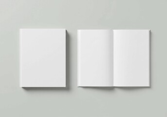 Two clean white books, one closed and one open, presented in a top-down view for book cover and interior page design