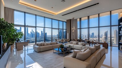 Fototapeta premium Luxury Living Room with Cityscape View and Contemporary Furniture under Elegant Chandelier