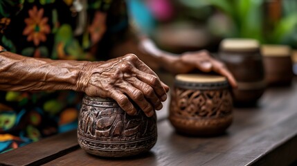 Aged Hands Playing Traditional Wooden Drums