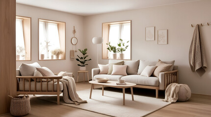 A warm and inviting Scandinavian-style living room featuring a combination of wooden textures, pastel colors, minimalist furniture, and soft, diffused lighting.