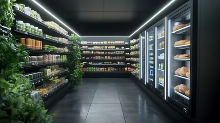 Modern grocery store aisle featuring refrigerated displays and greenery decor.