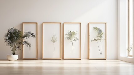 Three blank white frames with light wooden borders leaning against a white wall on a wooden parquet floor.