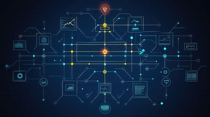 Obraz premium Complex Data Network Visualization: Interconnected Nodes and Information Flow in a Digital System