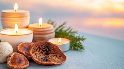 Mushroom Medicinal Benefits Concept, Tranquil Display of Reishi Mushrooms and Candles with Soft Sunset Background