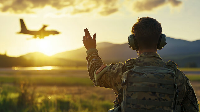 soldier waves goodbye as military aircraft takes off against stunning sunset backdrop, capturing moment of camaraderie and duty