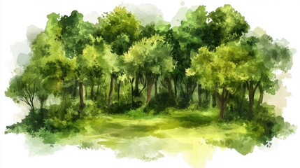 Serene Watercolor Painting of Lush Green Forest Landscape