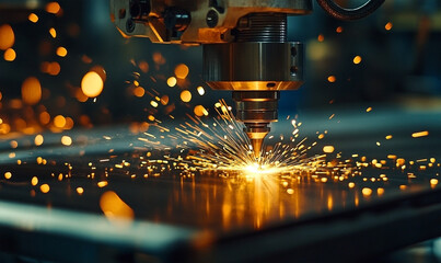Laser CNC machine precision cutting metal with bright sparks in a workshop environment