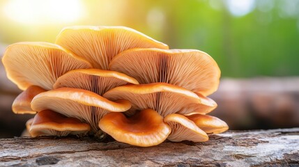 Mushroom Medicinal Benefits Concept, Vibrant Reishi Mushrooms Growing Naturally on a Log in a Sunlit Forest Environment