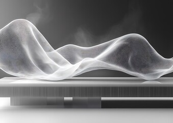 A flowing white mesh floating above a reflective surface