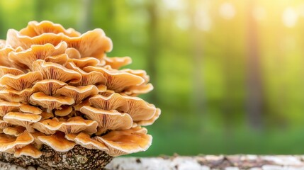 Fototapeta premium Mushroom Medicinal Benefits Concept, Vibrant Cluster of Chaga Mushrooms on Birch Tree in Serene Forest Background