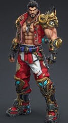 Powerful warrior in vibrant, detailed armor, standing pose