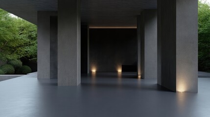 Fototapeta premium Modern minimalist entryway with concrete columns and garden view