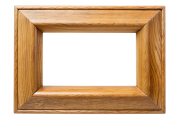 A highresolution closeup photograph shows a beautiful light brown wooden picture frame with a thick border and a rectangular shape isolated on white or transparent background