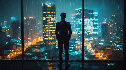 Businessman in suit standing by glass window on rainy night, overlooking illuminated cityscape. Modern office scene with rain-streaked window, presenting urban business atmosphere
