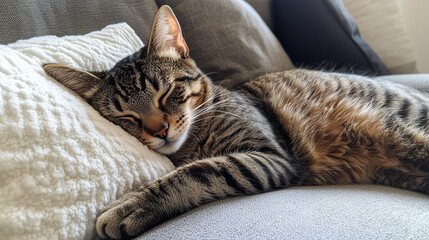 Peaceful Tabby Cat Napping on a Cozy Sofa
