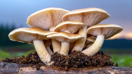 Mushroom Organic Farming Concept, Natural Forest Scene with Organic Mushrooms Growing on a Log in a Serene Landscape at Dusk