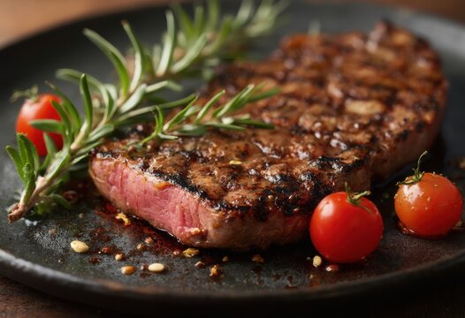 A Mouthwatering Grilled Steak with Cherry Tomato and Rosemary Garnish