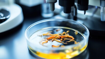 Microscopic view of parasitic worms in a petri dish, surrounded by lab equipment, symbolizing medical research and health concerns in scientific studies.
