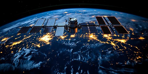 A satellite orbits the beautiful blue and gold illuminated Earth below