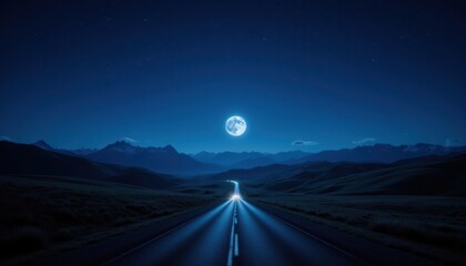 Night Road Under Stars Create a peaceful nighttime scene of a road illuminated by starlight, with a full moon casting soft light on the landscape