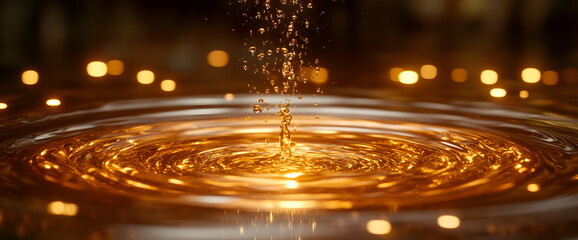 Obraz premium Golden Liquid Drops Create Ripples, Shimmering Beauty in Ambient Light
