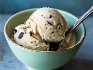 Delicious vanilla ice cream with chocolate chips, delightful summer treat creamy texture, tempting dessert