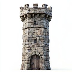 Stone tower with a wooden door, white isolated background.