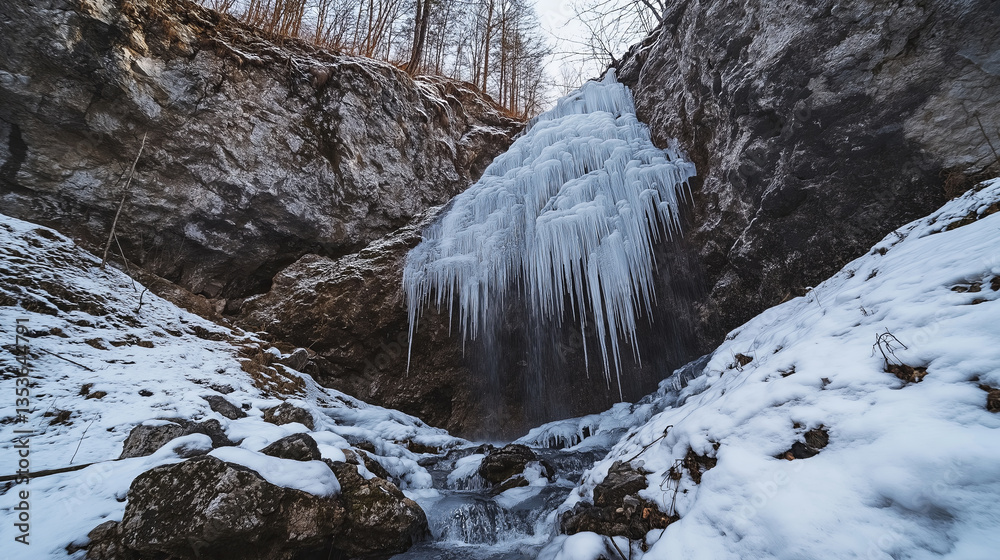 Poster a cascading waterfall that appears to be frozen in mid-air