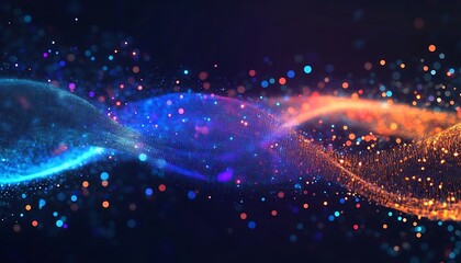 Cosmic Dance of Light: Abstract artwork featuring swirling waves of vibrant light, a mesmerizing display of colorful particles suspended in a dark expanse, symbolizing energy, connection.