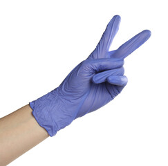 Doctor in medical glove showing two fingers on white background, closeup