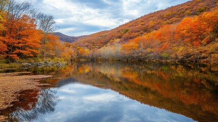 Naklejka premium Serene autumnal reflection: River mirroring vibrant foliage, scenic landscape