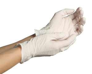 Doctor putting on medical gloves against white background, closeup