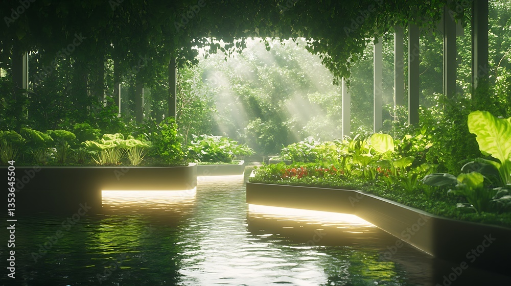 Fototapete lush greenery and water feature illuminated by soft light create a serene, tranquil environment.