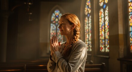Fototapeta premium A Woman's Prayerful Moment in a Sunlit Church Sanctuary