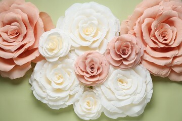 Beautiful paper flowers on light green background, flat lay