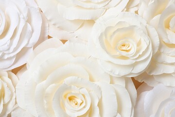 Beautiful white paper flowers as background, top view