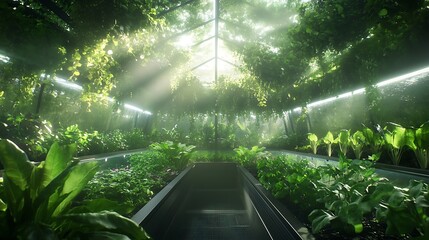 Lush indoor garden with vibrant plants illuminated by soft light.