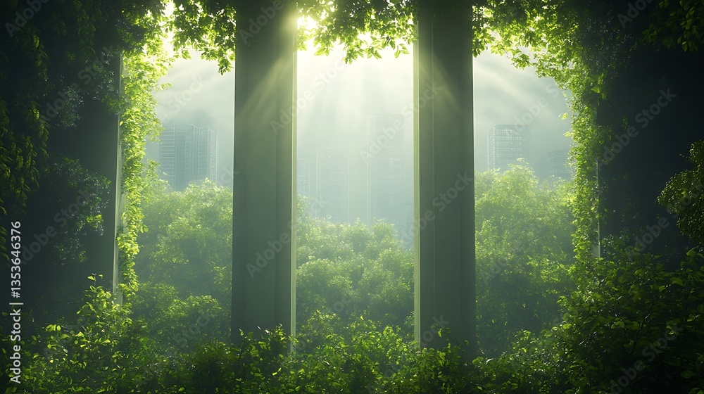 Aufkleber a serene view of a city framed by lush greenery and sunlight filtering through tall trees.