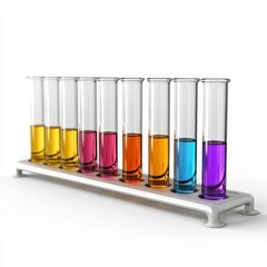 Colorful test tubes with liquids arranged in a rack, isolated on white background.